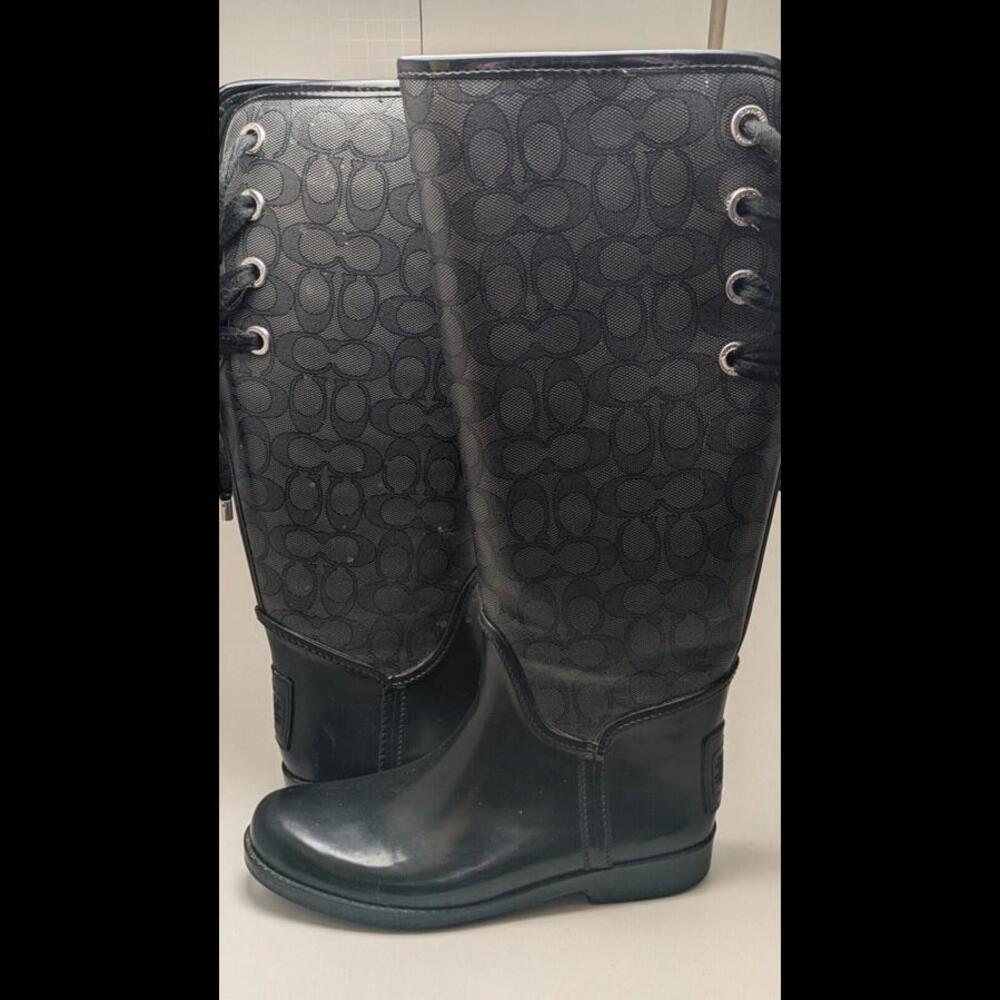 Womens Coach Signature Collection Black Jacquard Back Lace Up‎ Rain Boots Size 8